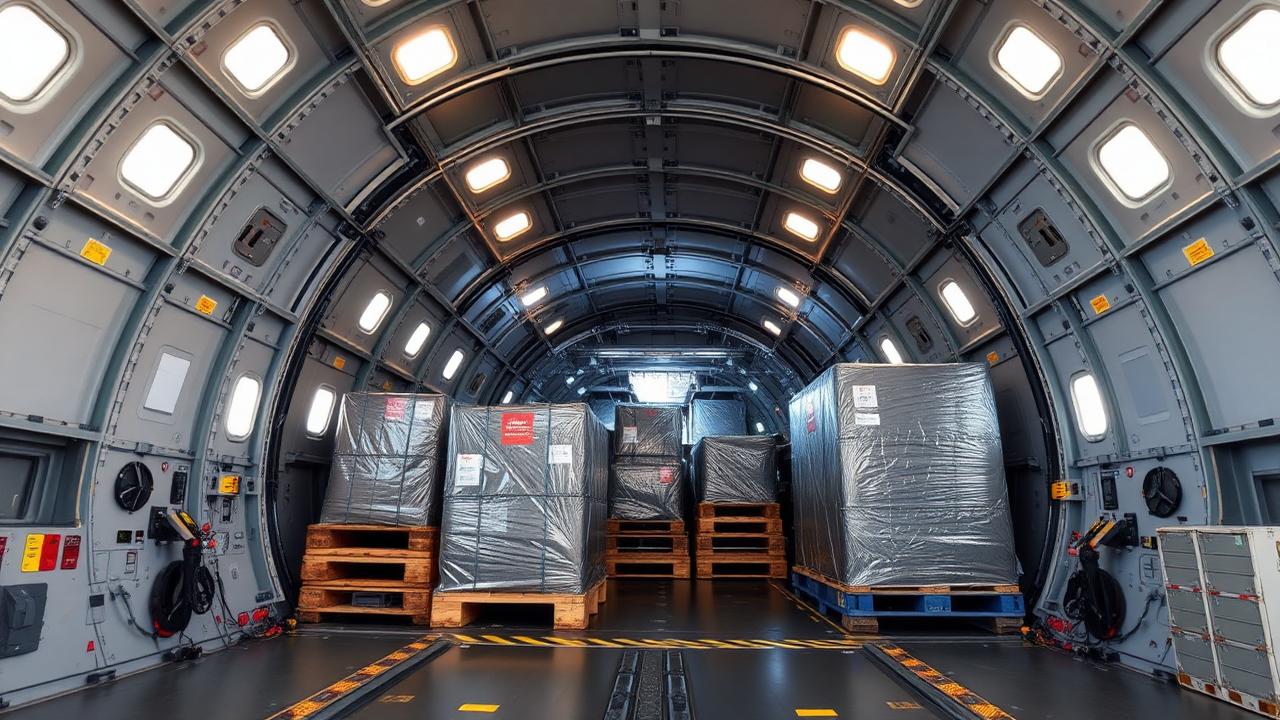 Air freight pallets secured inside a cargo aircraft hold