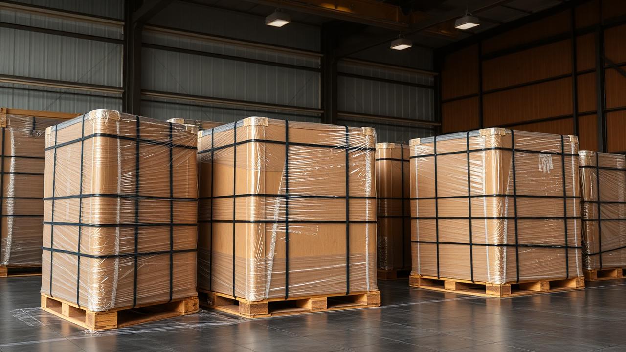 Strapped and shrink-wrapped cargo pallets secured in a warehouse
