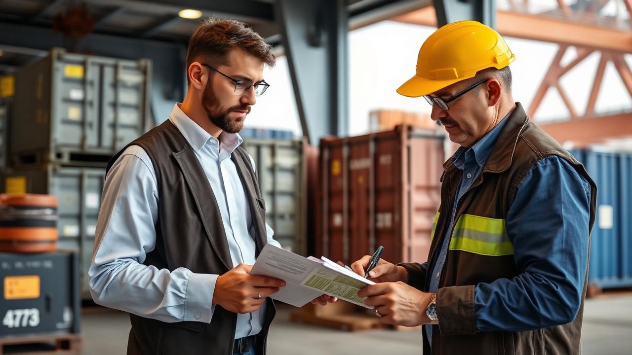 Customs broker reviewing shipping documents beside containers