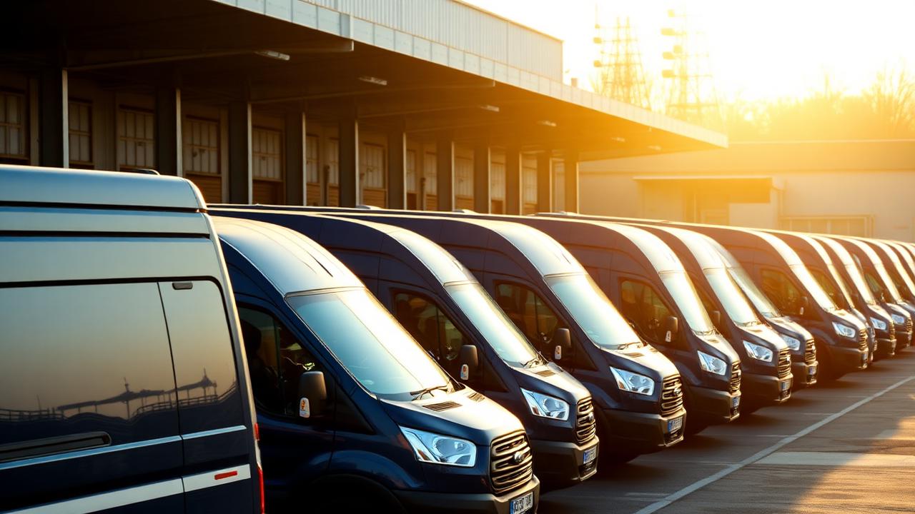 Fleet of delivery vans parked at a domestic distribution depot
