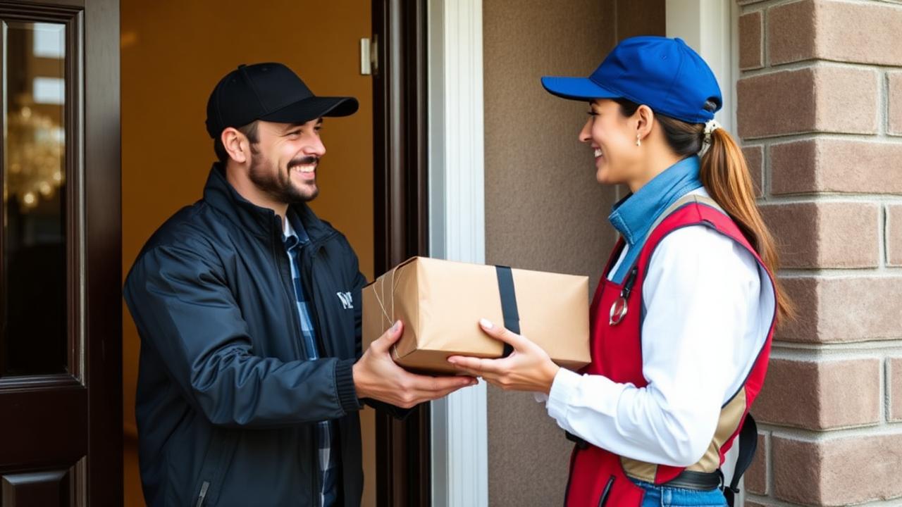 Courier handing a sealed parcel to a customer at their door