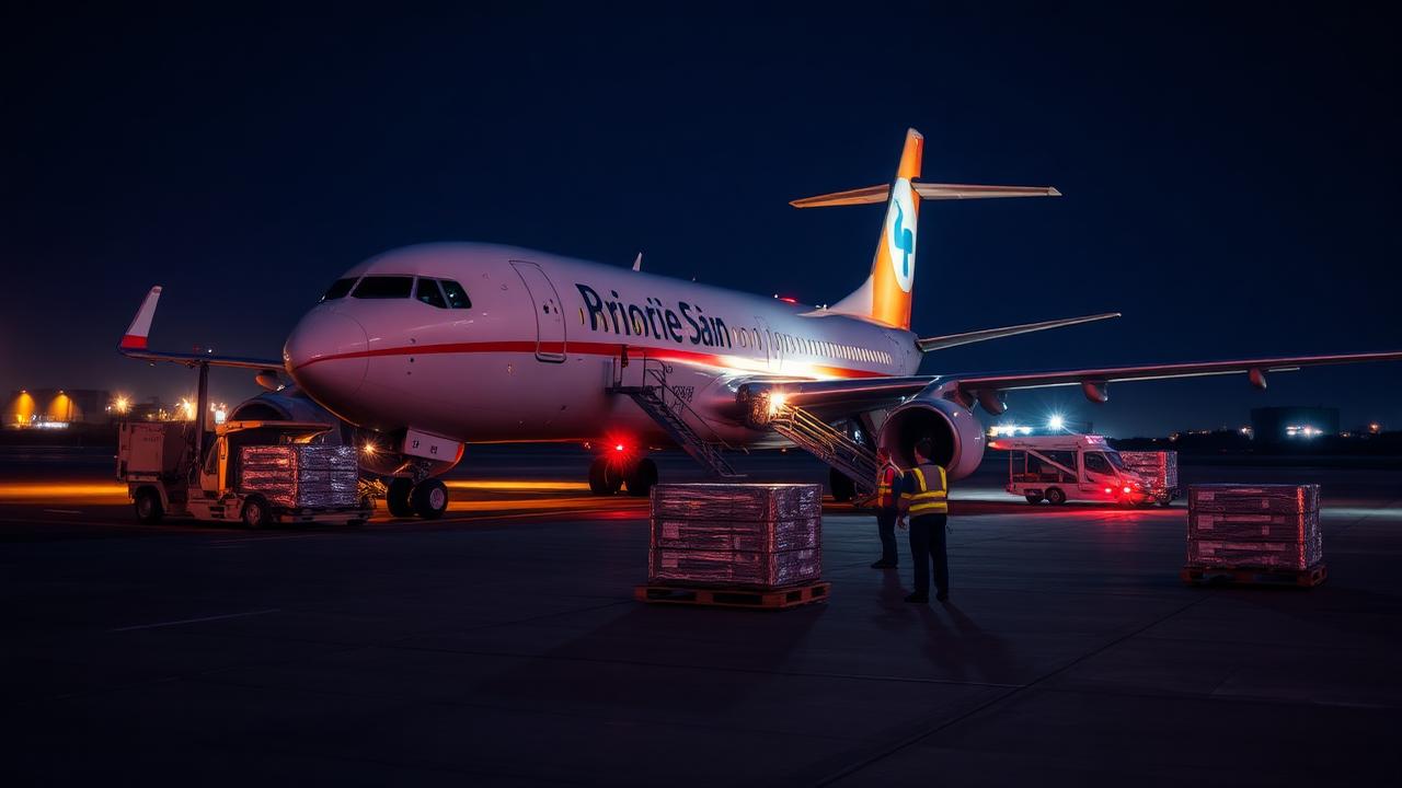 Priority cargo aircraft loaded by ground crew at night