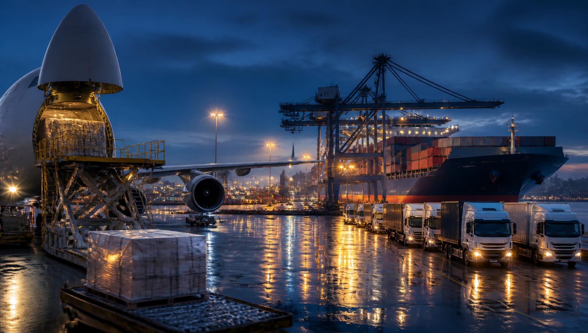Cargo aircraft, container ship and delivery trucks at an international logistics hub at dusk