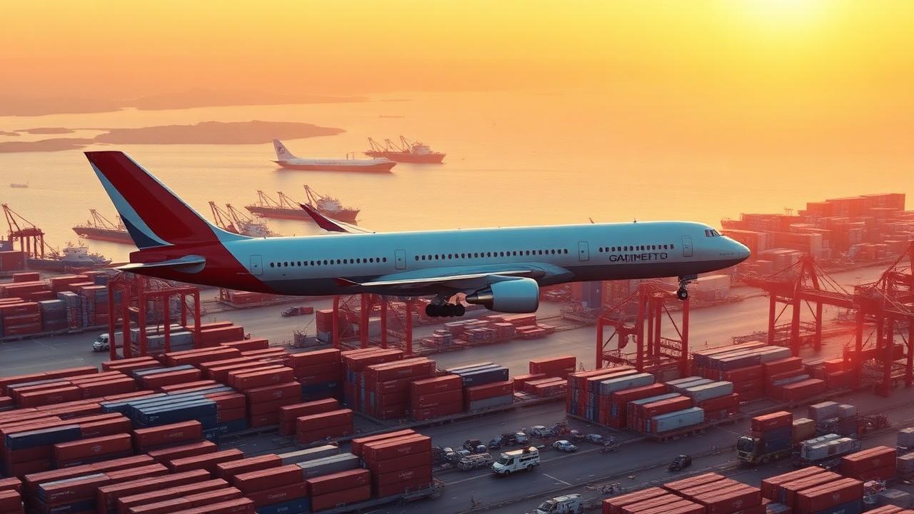 Cargo aircraft flying above an international container port at sunset