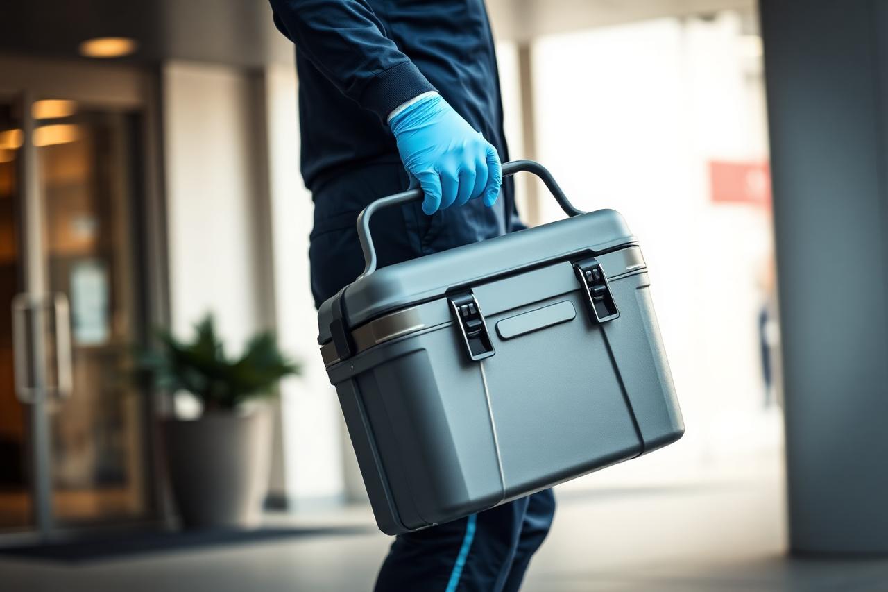 Medical courier in uniform carrying a temperature-controlled transport cooler outside a hospital entrance