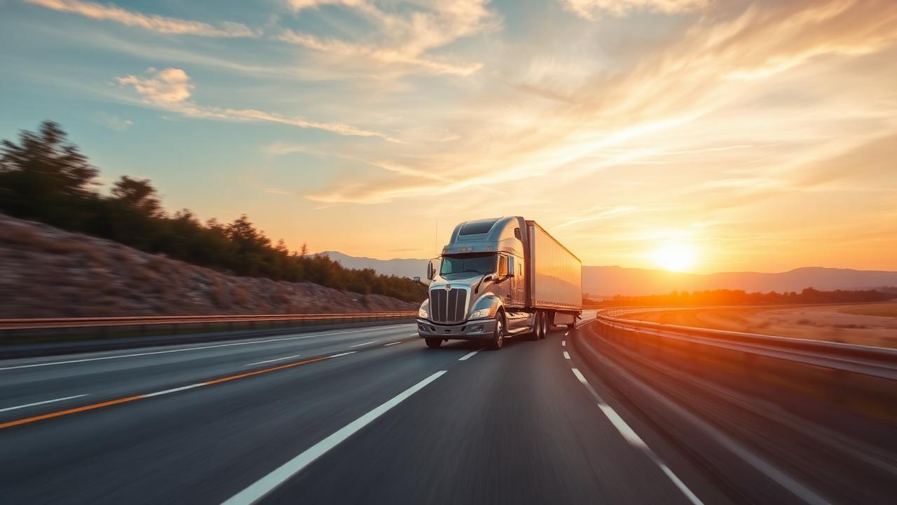 Long-haul freight truck on an open highway at sunrise