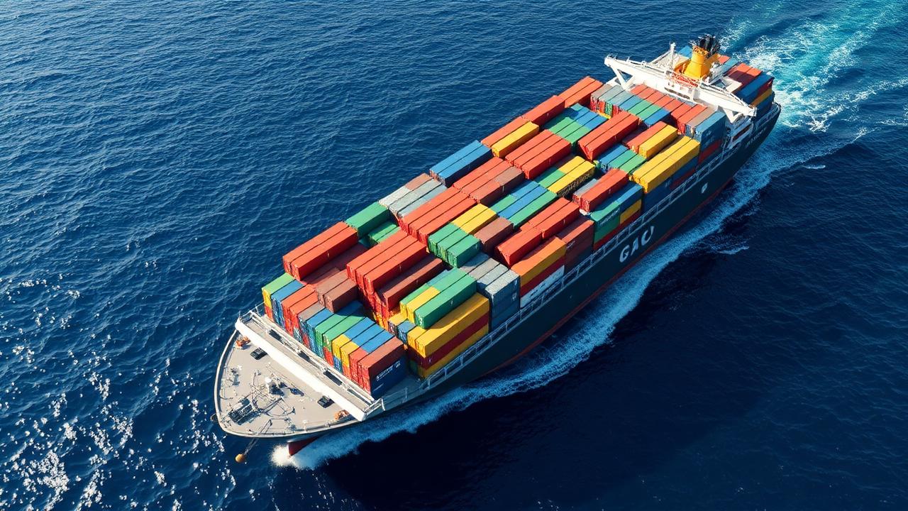 Container vessel crossing open ocean fully loaded