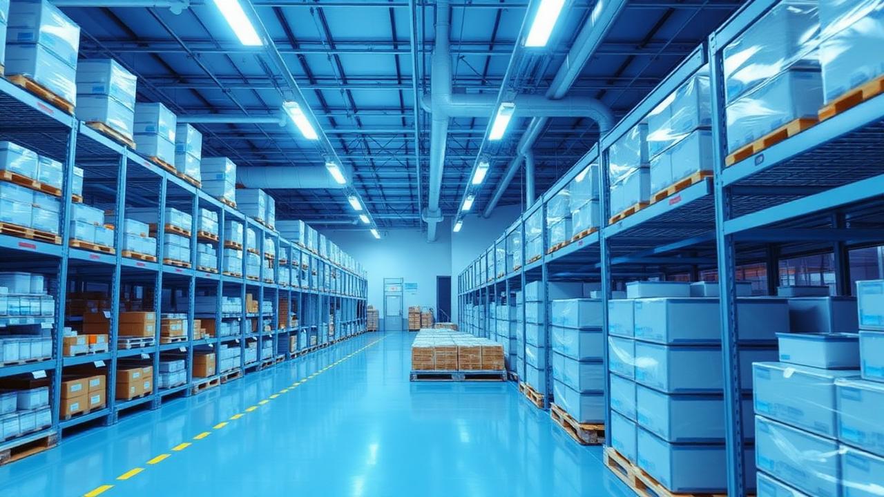 Climate-controlled warehouse aisle with pharmaceutical pallets